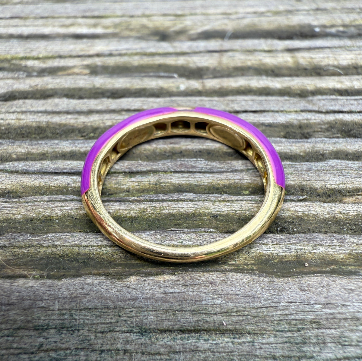Purple Enamel, 18K Gold, and Diamond Band, Size 6.75