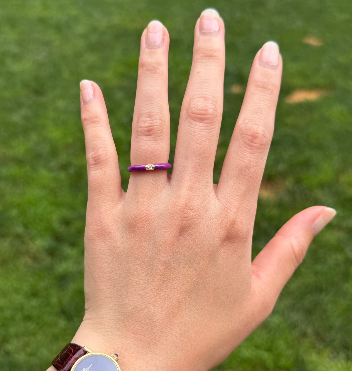 Purple Enamel, 18K Gold, and Diamond Band, Size 6.75