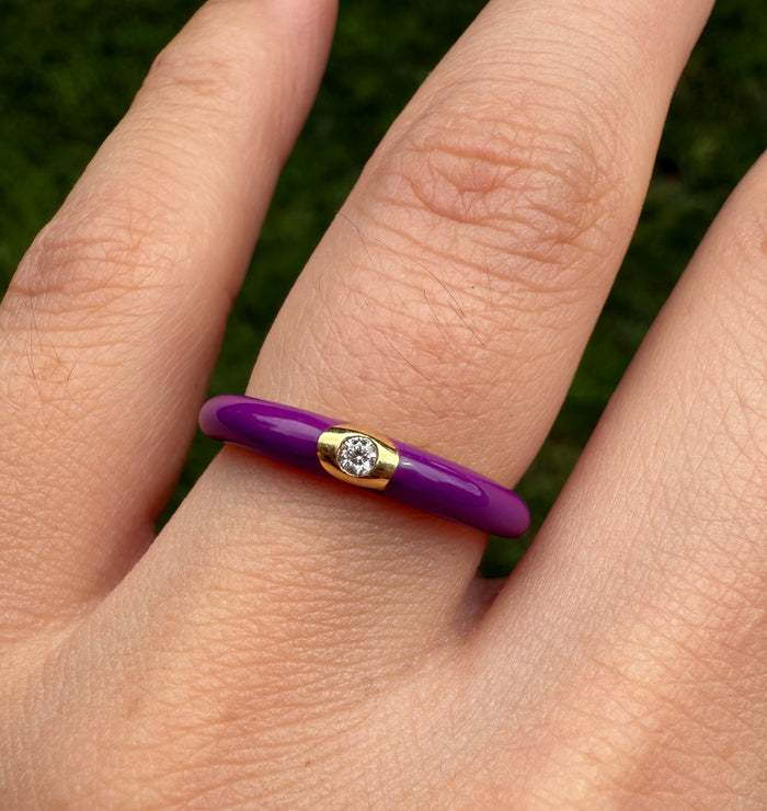 Purple Enamel, 18K Gold, and Diamond Band, Size 6.75