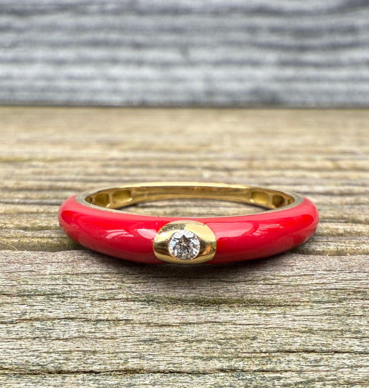 Red Enamel, 18K Gold, and Diamond Band, Size 6.75