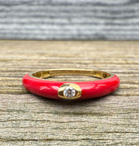 Red Enamel, 18K Gold, and Diamond Band, Size 6.75
