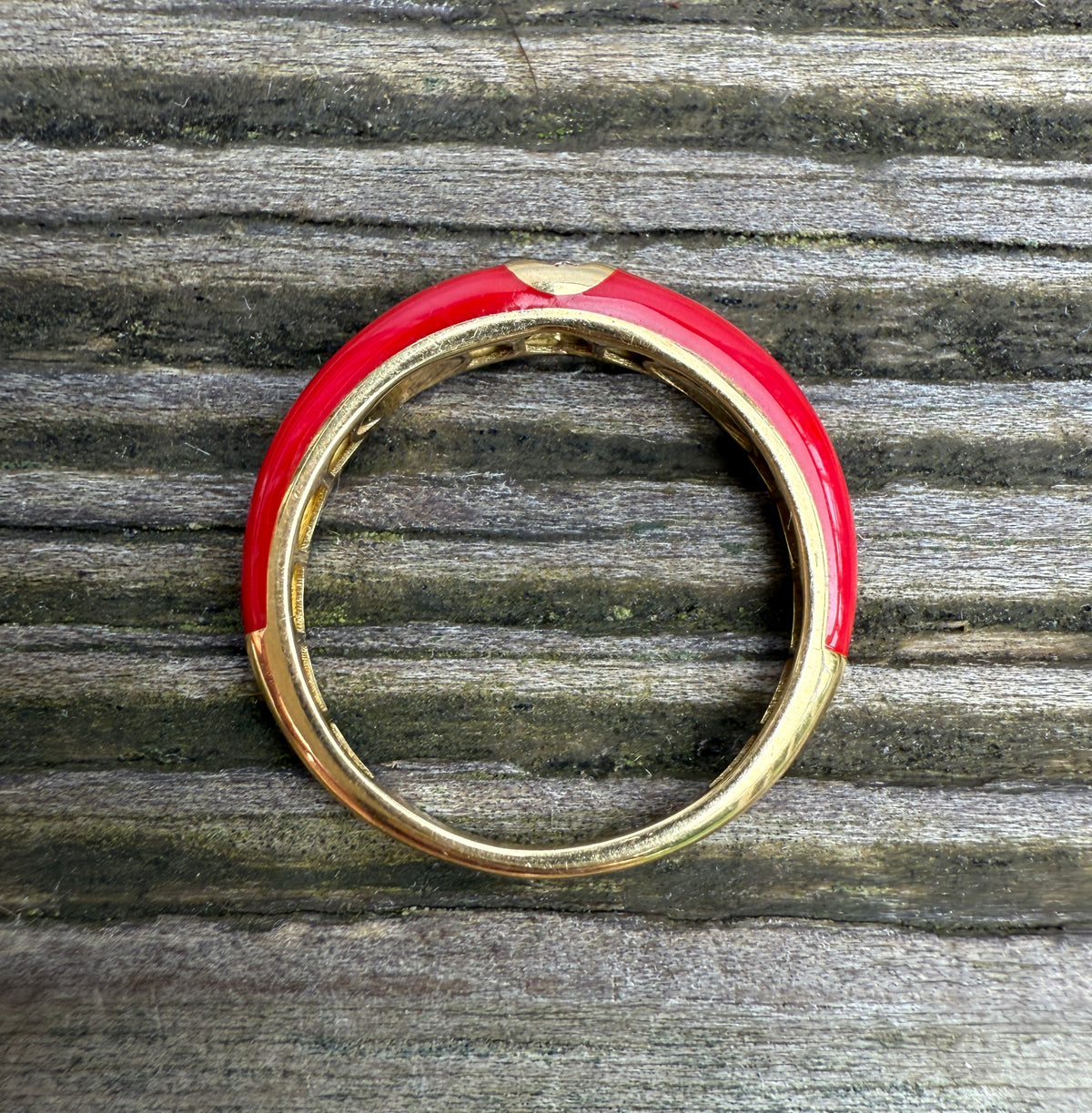 Red Enamel, 18K Gold, and Diamond Band, Size 6.75