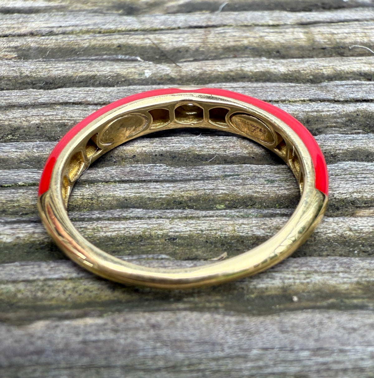 Red Enamel, 18K Gold, and Diamond Band, Size 6.75