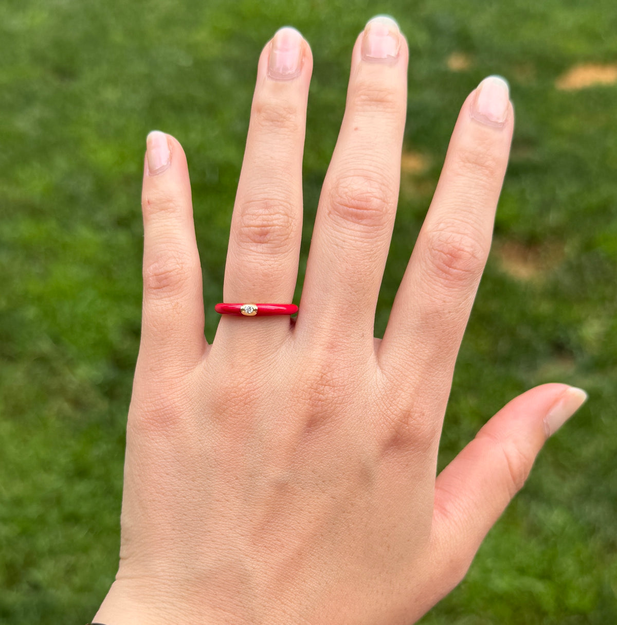 Red Enamel, 18K Gold, and Diamond Band, Size 6.75