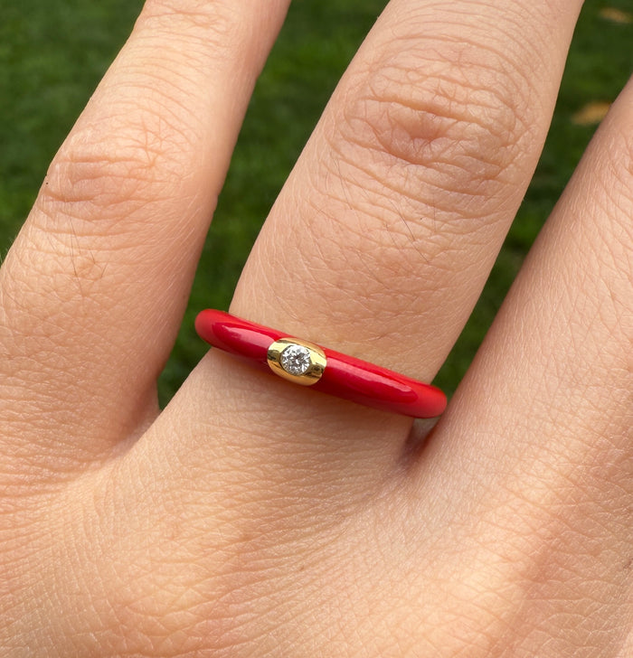 Red Enamel, 18K Gold, and Diamond Band, Size 6.75