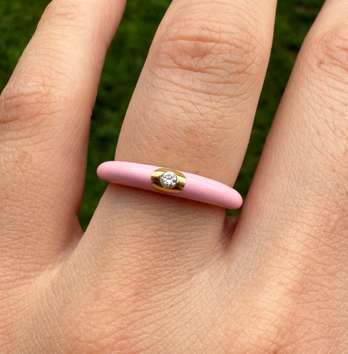 Pink Enamel, 18K Gold, and Diamond Band, Size 6.75