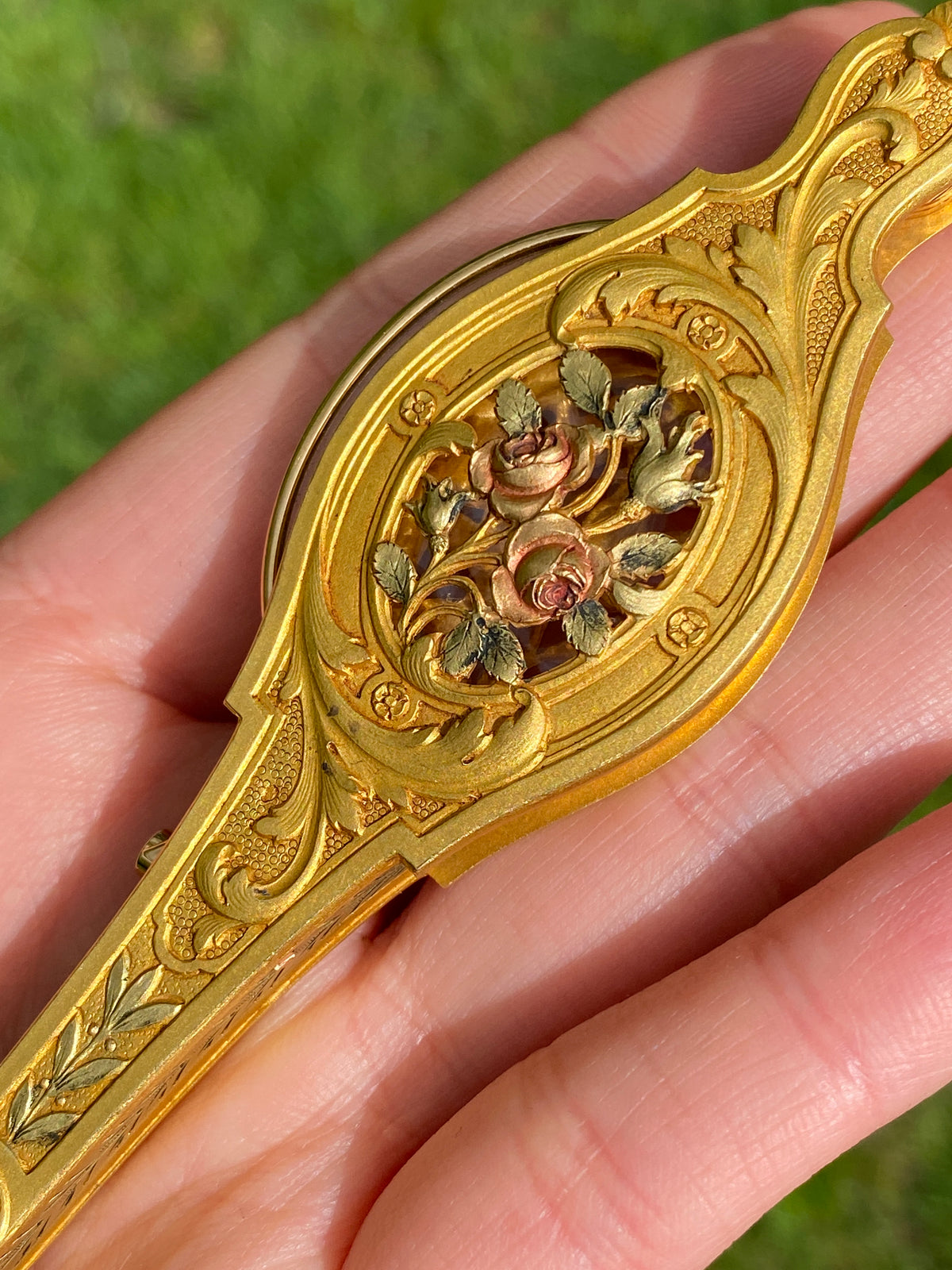 French Art Nouveau 18K Gold Rose Motif Lorgnette Pendant