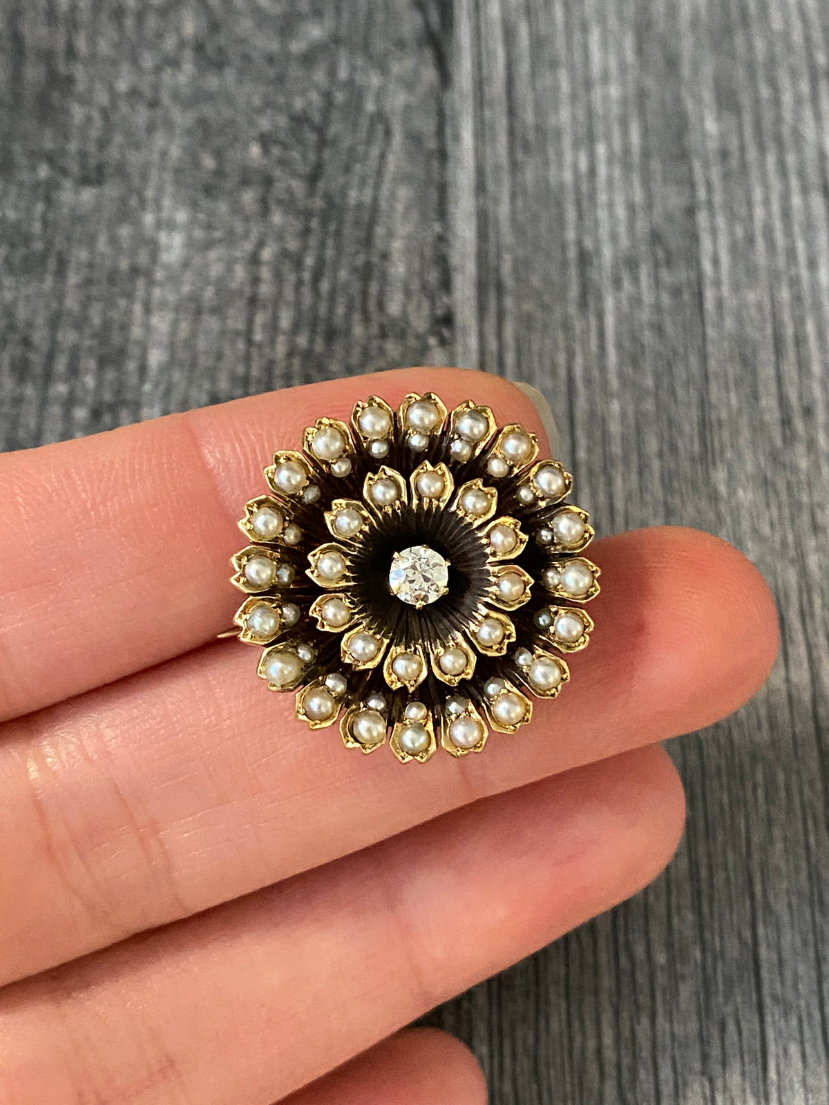 Victorian Diamond and Split Pearl Sunflower Pin