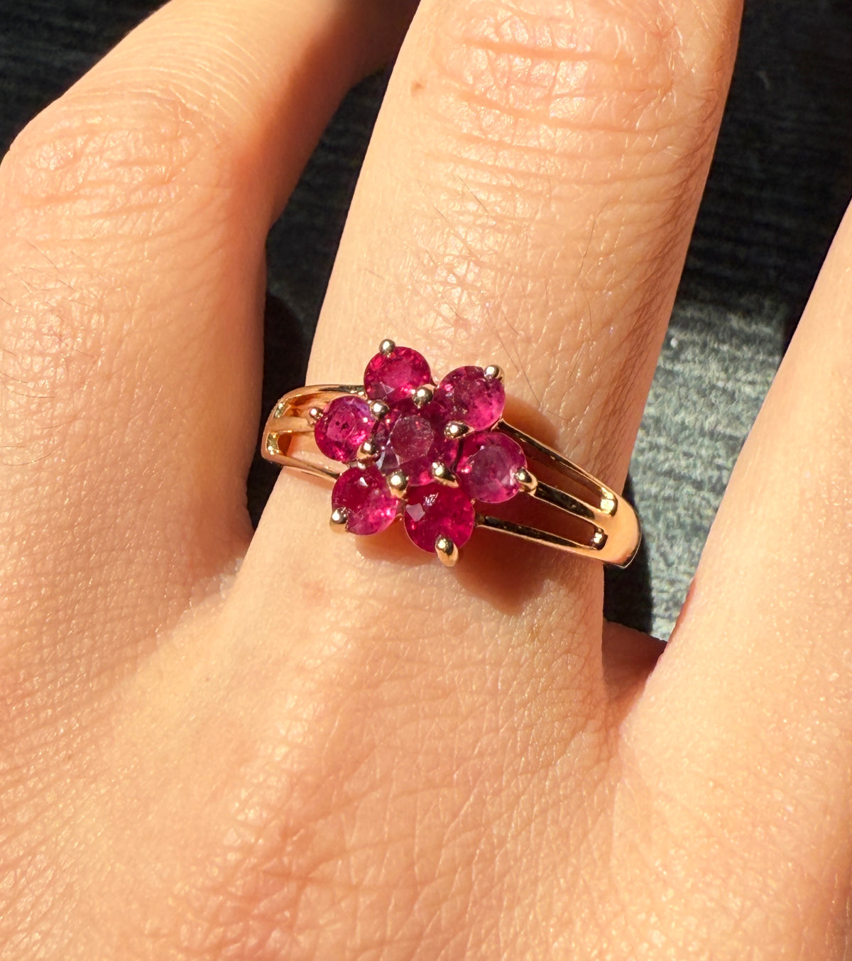 English Ruby Cluster Flower Ring in 14K Gold