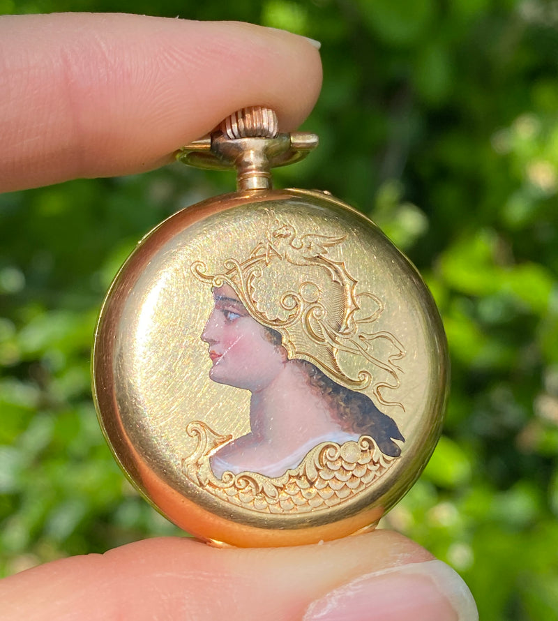 Art Nouveau Enamel Woman Warrior 18K Gold Pocket Watch