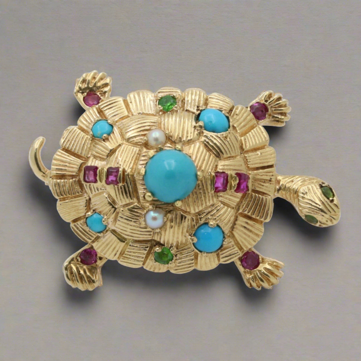 Vintage Turquoise, Ruby, and 18K Gold Turtle Brooch