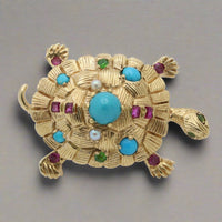 Vintage Turquoise, Ruby, and 18K Gold Turtle Brooch
