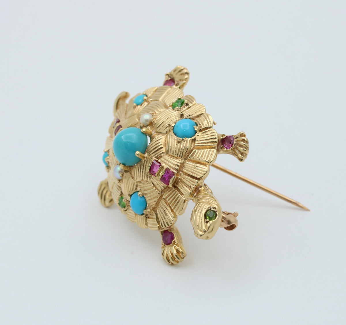 Vintage Turquoise, Ruby, and 18K Gold Turtle Brooch