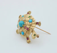 Vintage Turquoise, Ruby, and 18K Gold Turtle Brooch