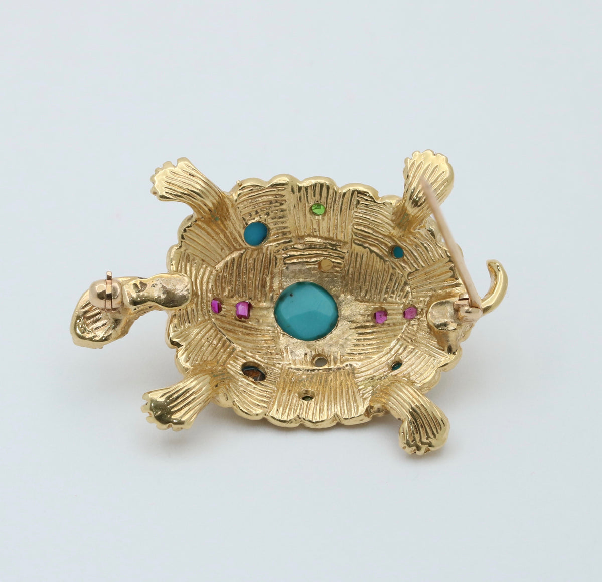 Vintage Turquoise, Ruby, and 18K Gold Turtle Brooch