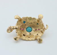 Vintage Turquoise, Ruby, and 18K Gold Turtle Brooch