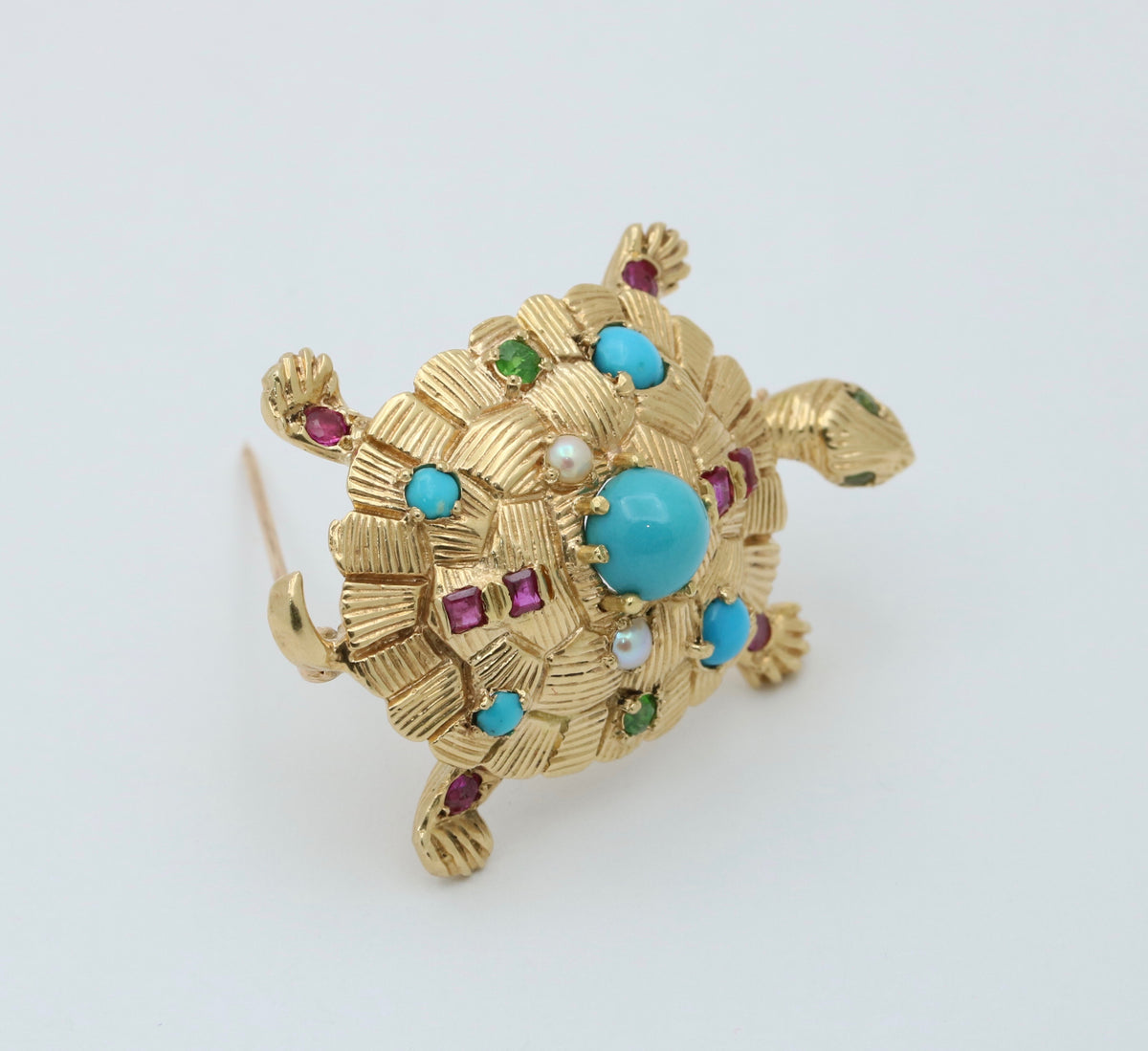 Vintage Turquoise, Ruby, and 18K Gold Turtle Brooch