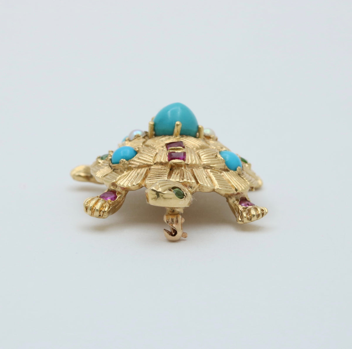 Vintage Turquoise, Ruby, and 18K Gold Turtle Brooch