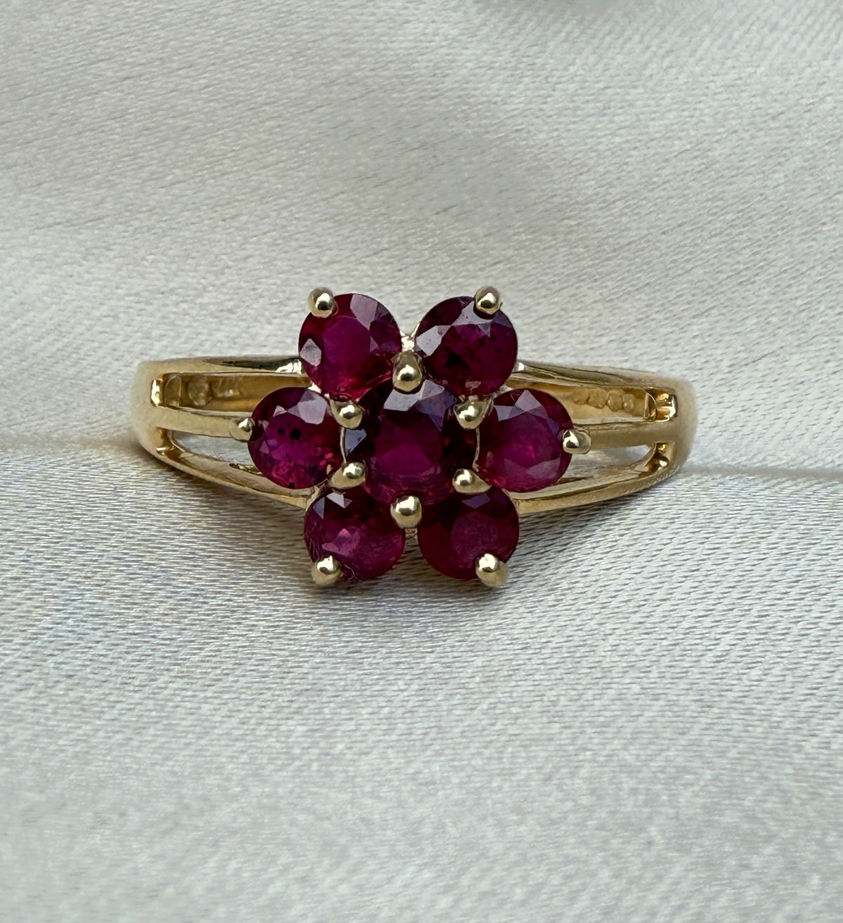 English Ruby Cluster Flower Ring in 14K Gold