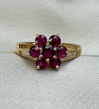 English Ruby Cluster Flower Ring in 14K Gold