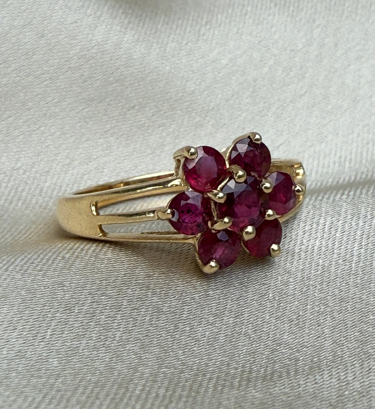 English Ruby Cluster Flower Ring in 14K Gold