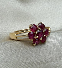 English Ruby Cluster Flower Ring in 14K Gold