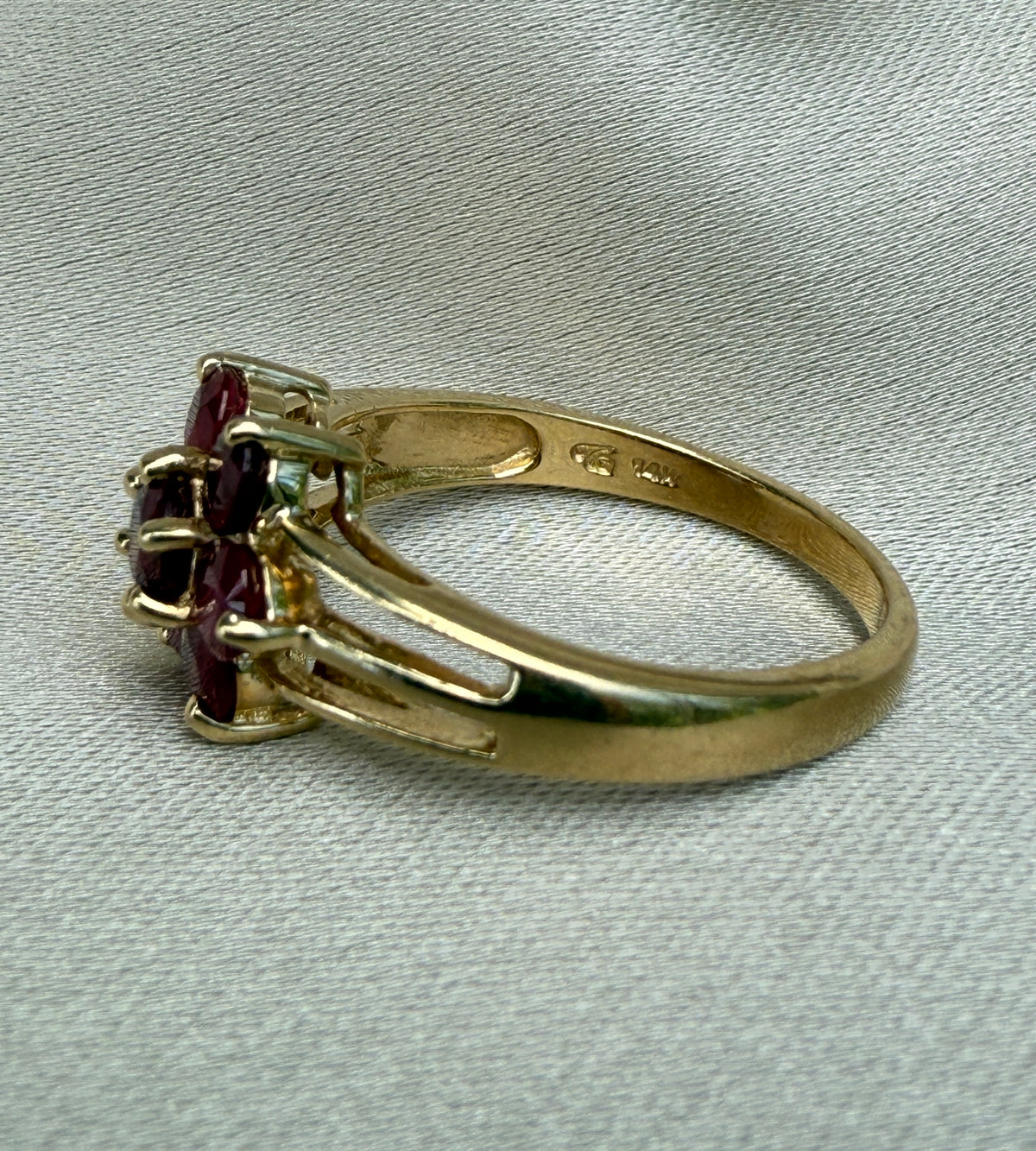 English Ruby Cluster Flower Ring in 14K Gold