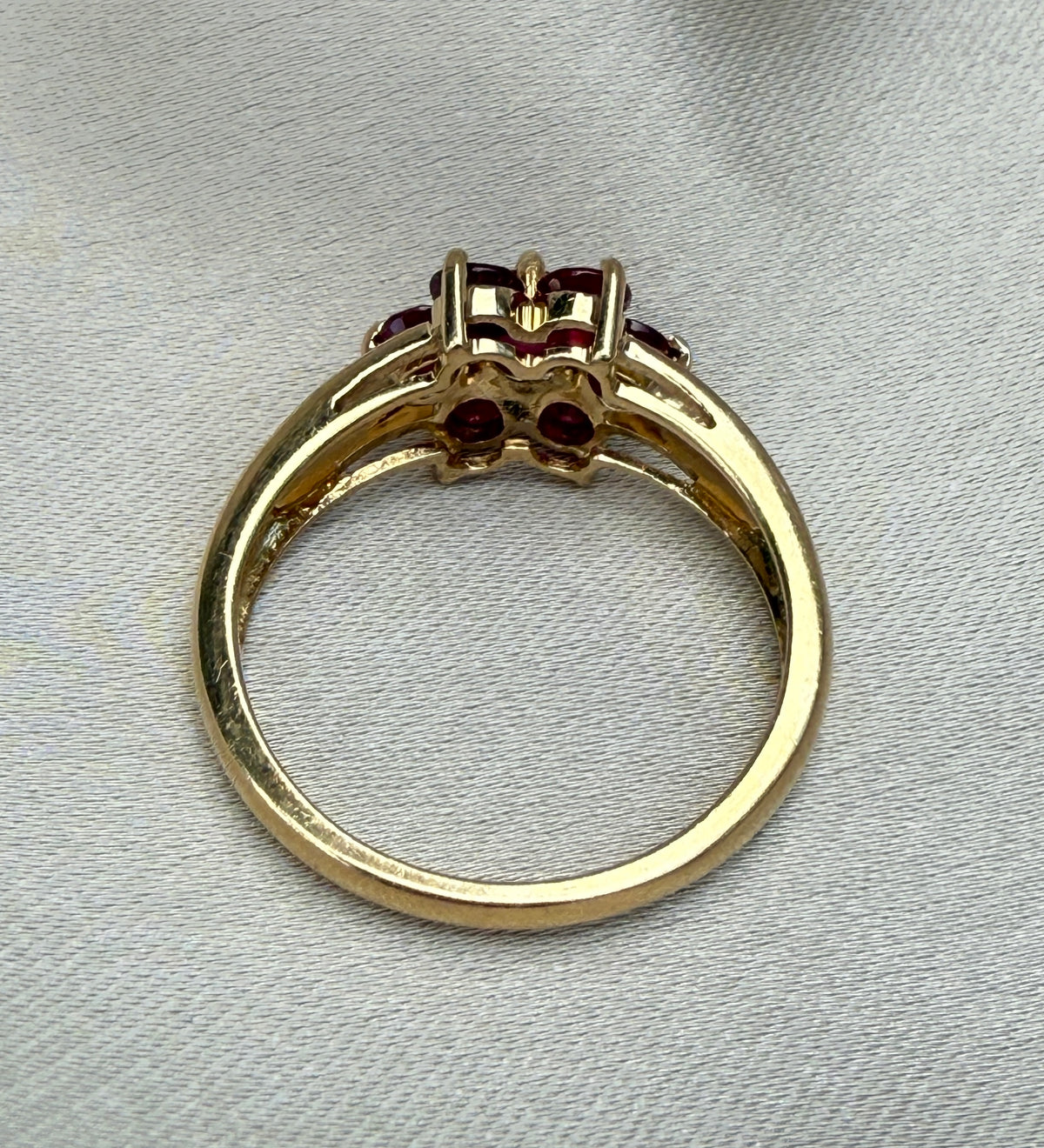 English Ruby Cluster Flower Ring in 14K Gold