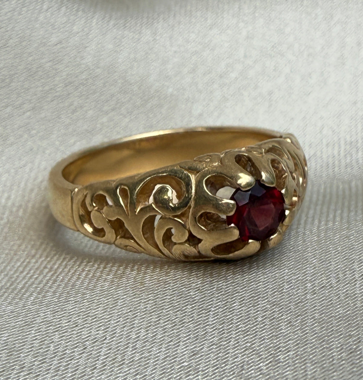 Garnet Ring with Scrolled Shoulders in 14K Gold