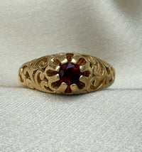 Garnet Ring with Scrolled Shoulders in 14K Gold