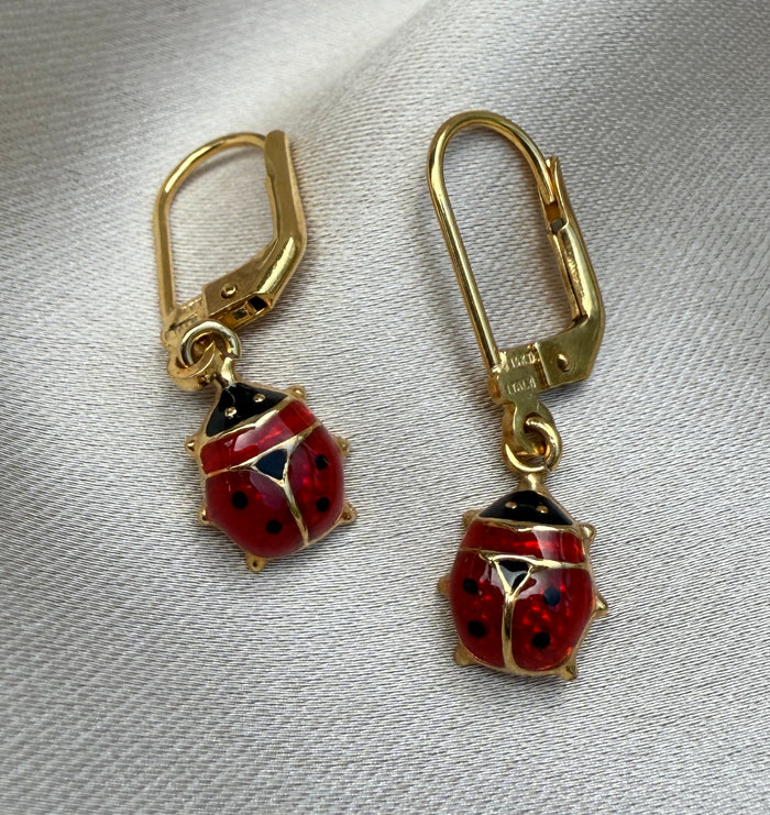 Enamel and 14K Gold Ladybug Dangling Earrings