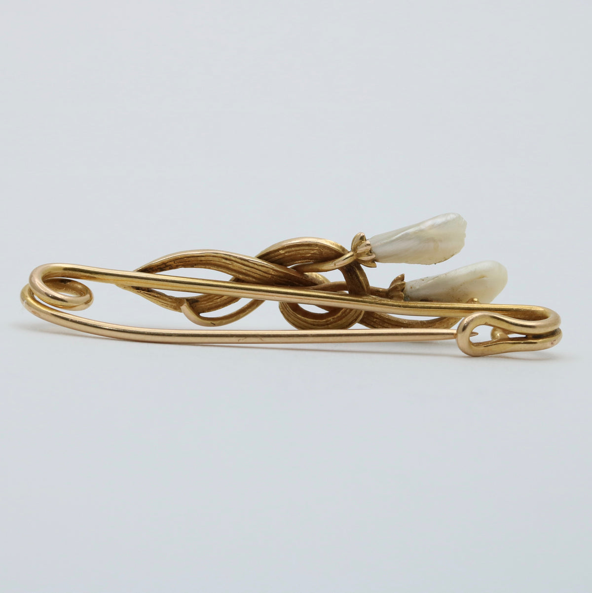 Art Nouveau Pearl and 14K Gold Lily Safety Pin