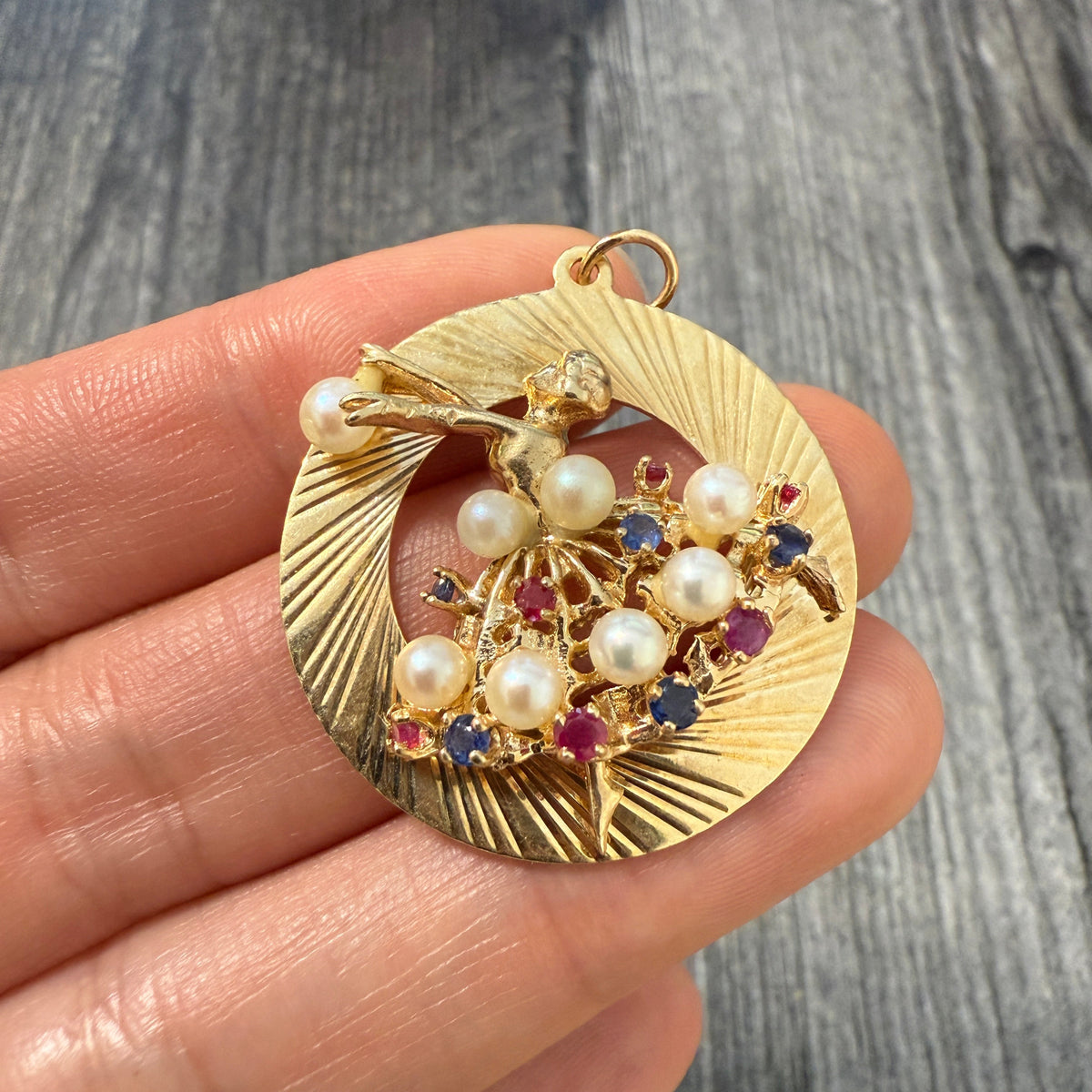 Vintage Sapphire and Ruby 14K Gold Ballerina Charm