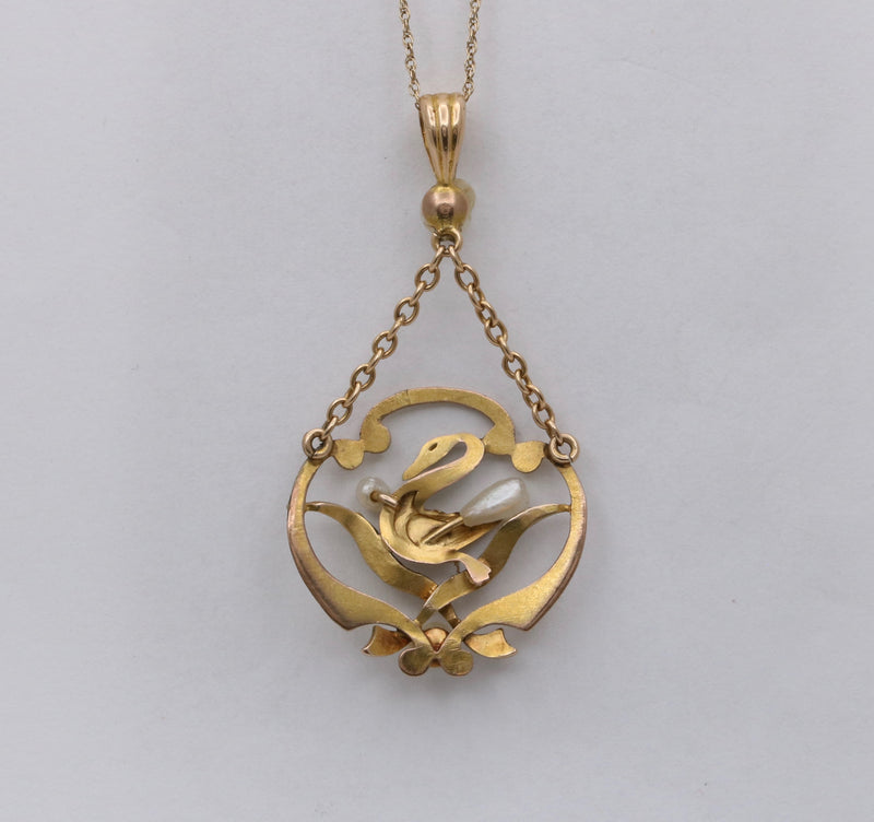 Art Nouveau 14K Yellow Gold Pearl Swan Pendant