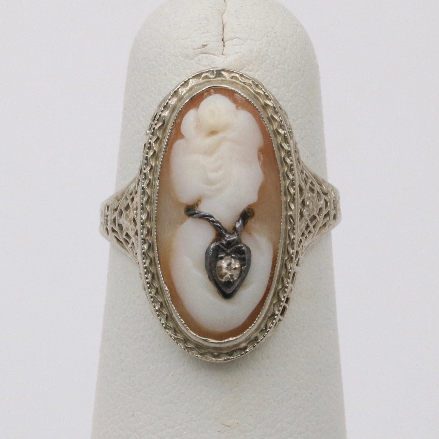 Art Deco 14K Gold and Carved Shell Cameo Ring Alpha Omega Jewelry