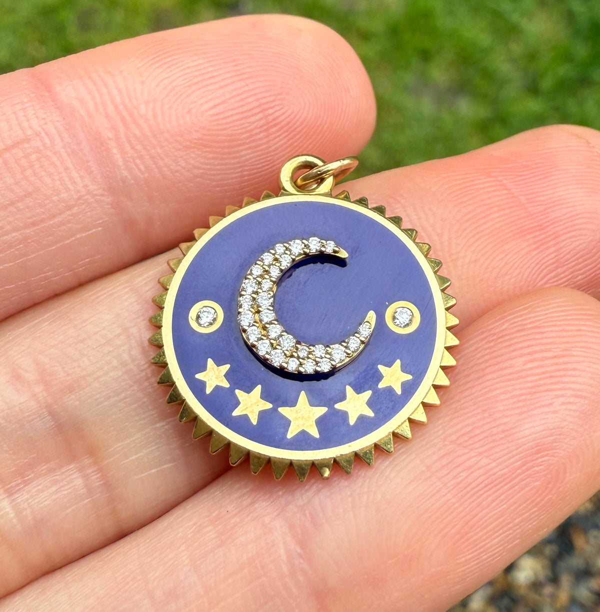 Foundrae Blue Crescent 18K Gold and Diamond Champleve Medallion Charm