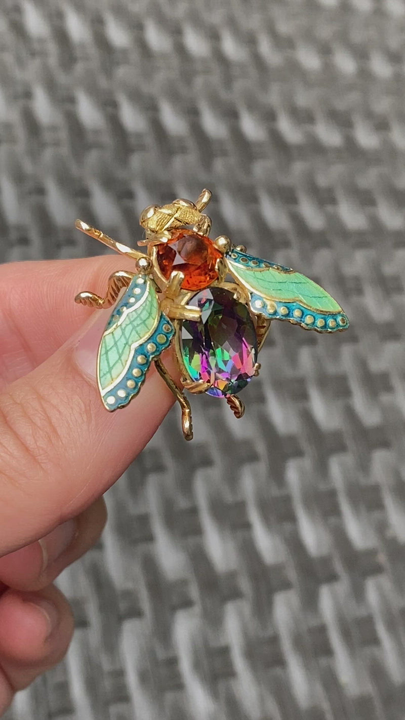 Vintage 18K Gold Enamel, Citrine, Mystic Topaz Fly Insect Pin, Bee Brooch