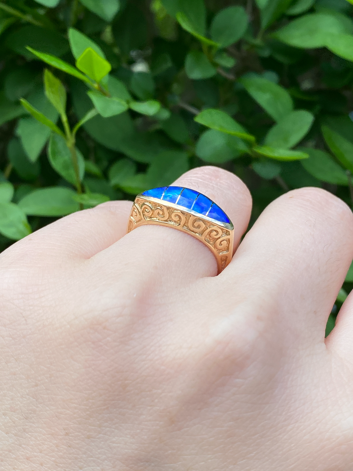 Black Opal Doublet Evil Eye Style 14K Gold Ring, Vintage Band