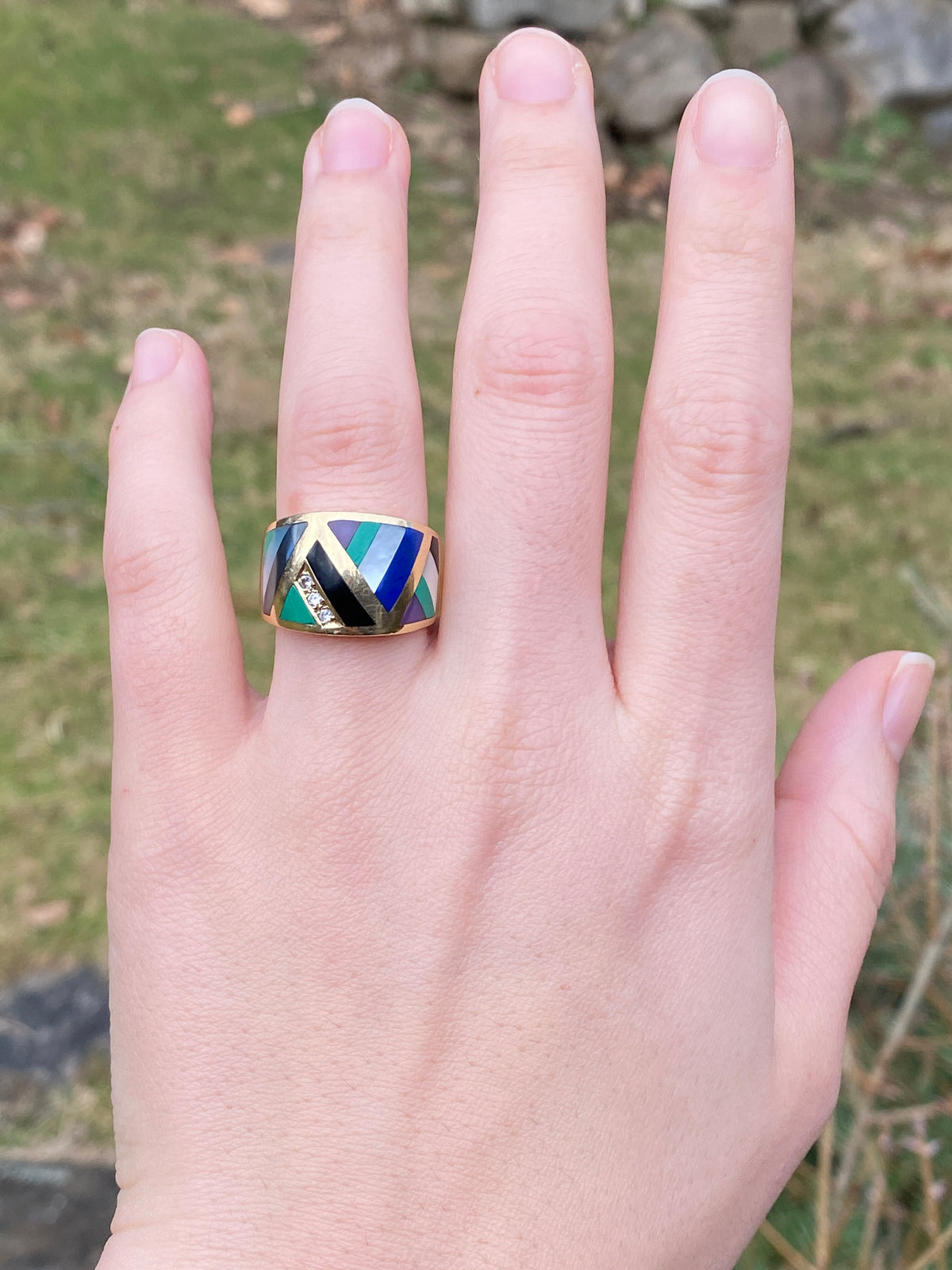 Asch Grossbardt 14K Gold, Inlaid Gemstone, and Diamond Geometric Ring