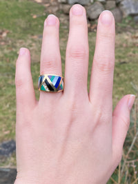 Asch Grossbardt 14K Gold, Inlaid Gemstone, and Diamond Geometric Ring