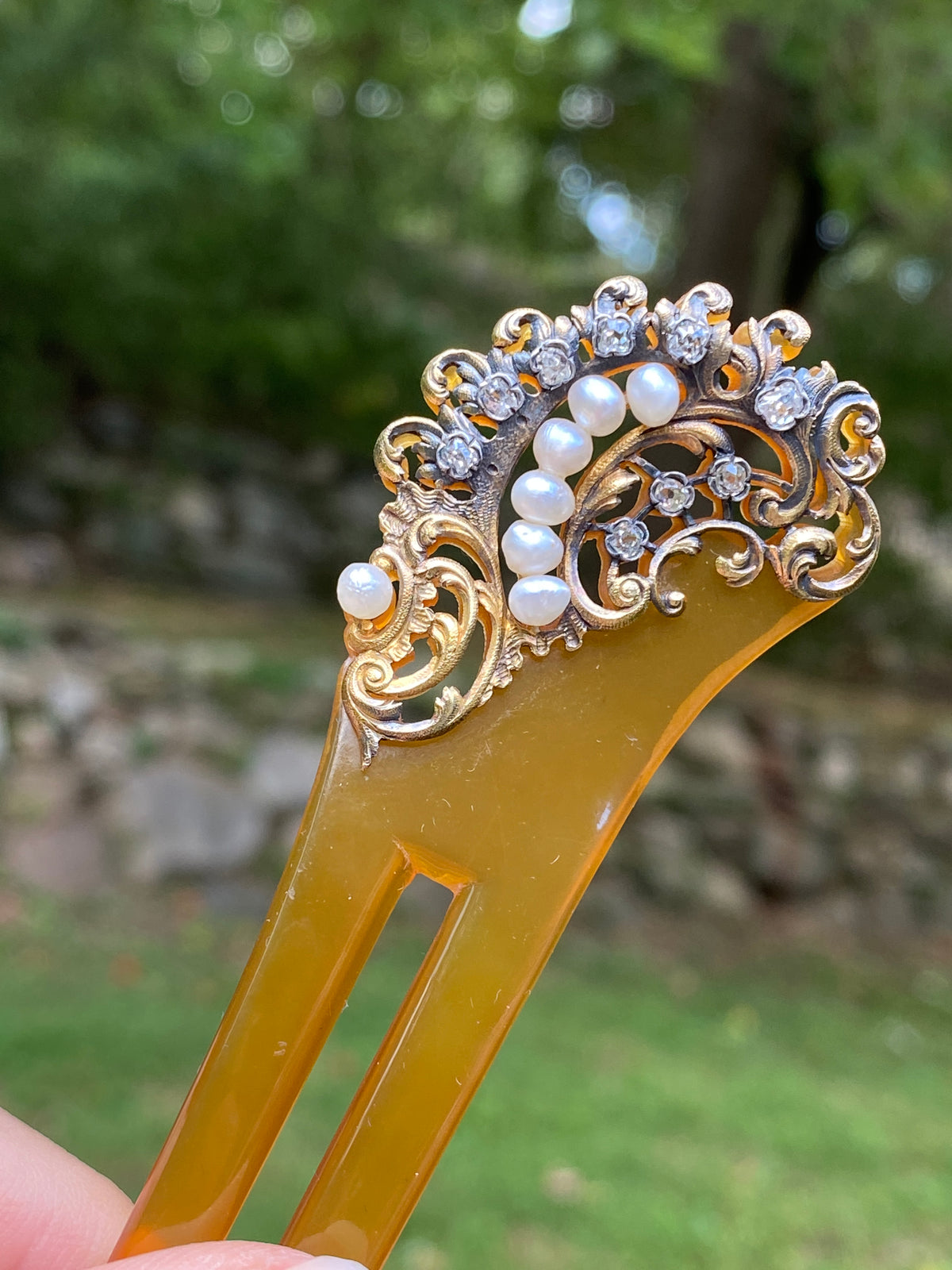 Art Nouveau Diamond, Pearl, and Silver Gilt Hair Comb
