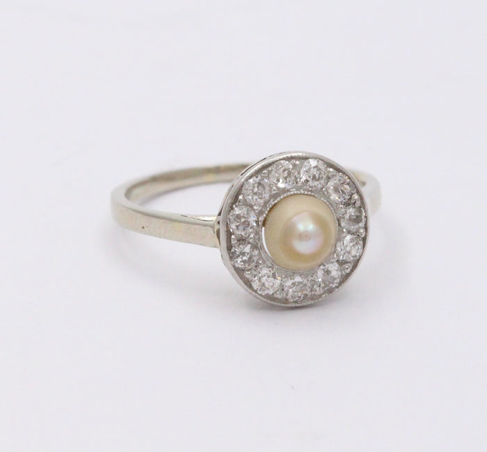 Art Deco Platinum and 14K Gold Pearl and Diamond Halo Ring