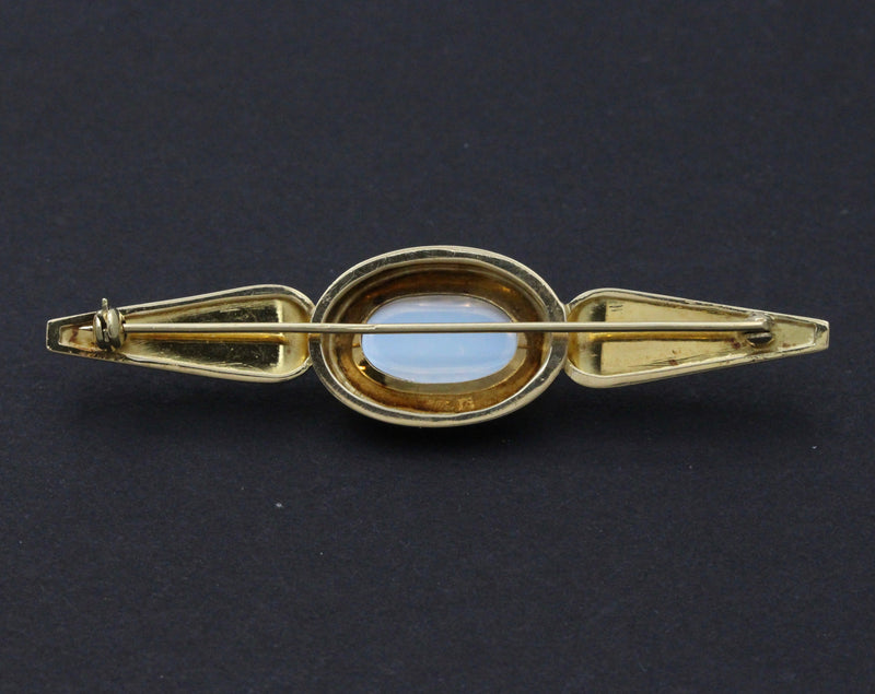 Vintage 14K Gold and Moonstone Modernist Brooch, Bar Pin