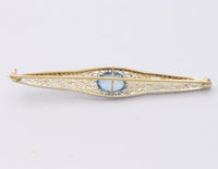 Art Deco 14K Gold and Aquamarine Filigree Bar Pin, Antique Brooch