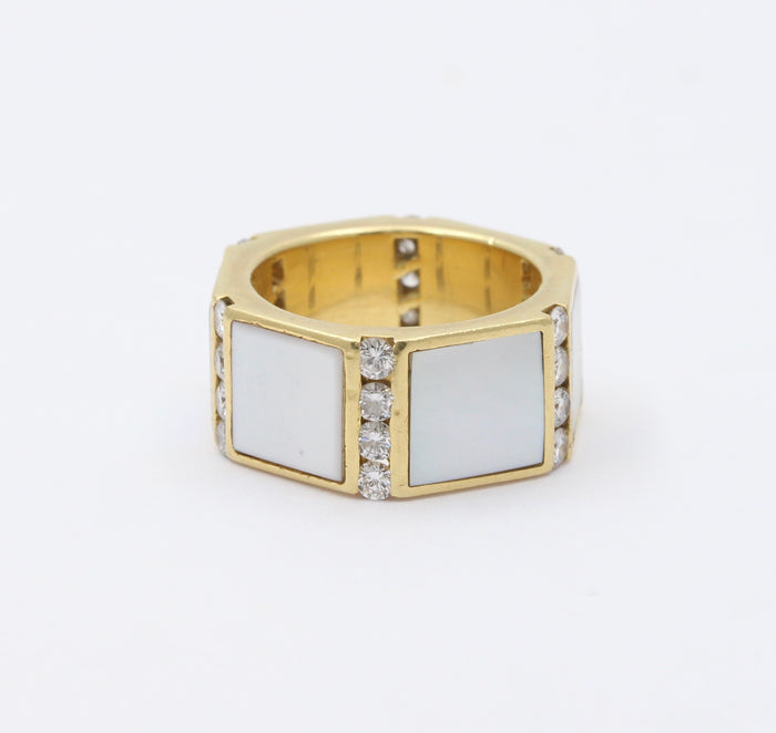 Vintage 18K Gold, Diamond, Mother of Pearl Octagonal Eternity Band, Ring