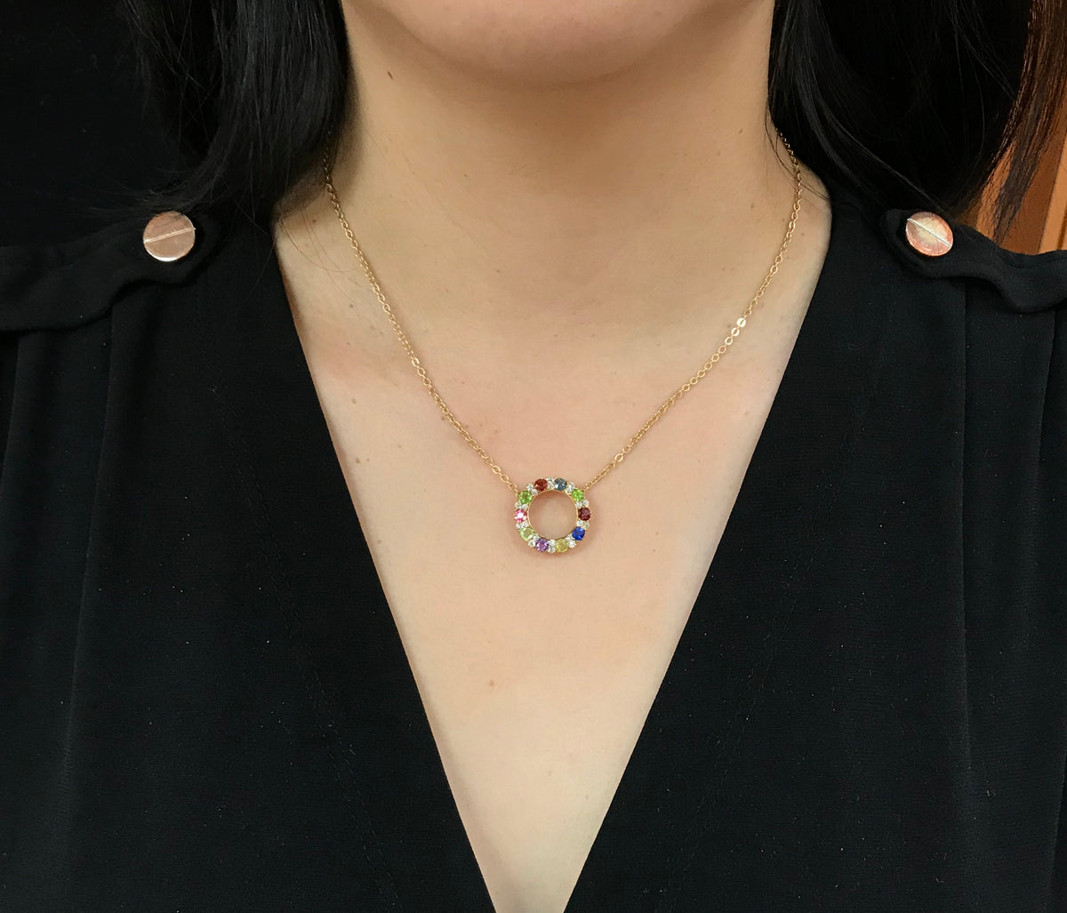 Victorian Harlequin 18K Gold Diamond and Gemstone Circle Pendant Necklace - alpha-omega-jewelry