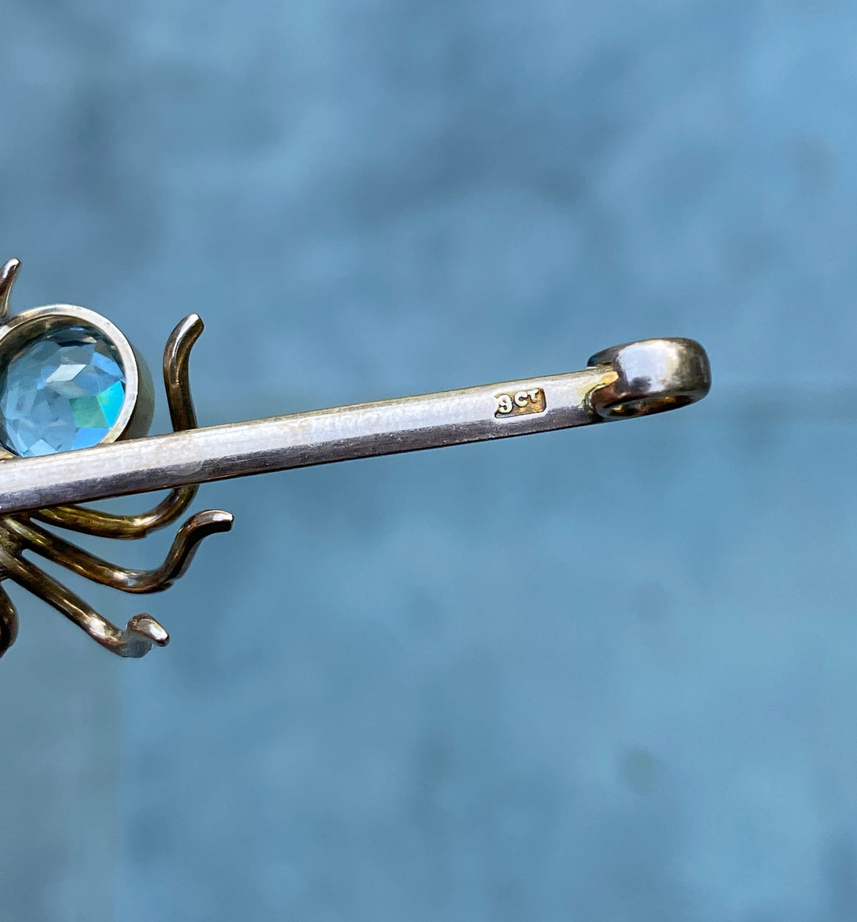 Antique Aquamarine, Pearl, and 9K Gold English Spider Bar Pin