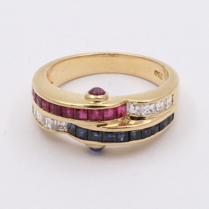 Vintage 18K Gold Carre Cut Diamond, Sapphire, and Ruby Wave Ring, 1970s Stacking Band