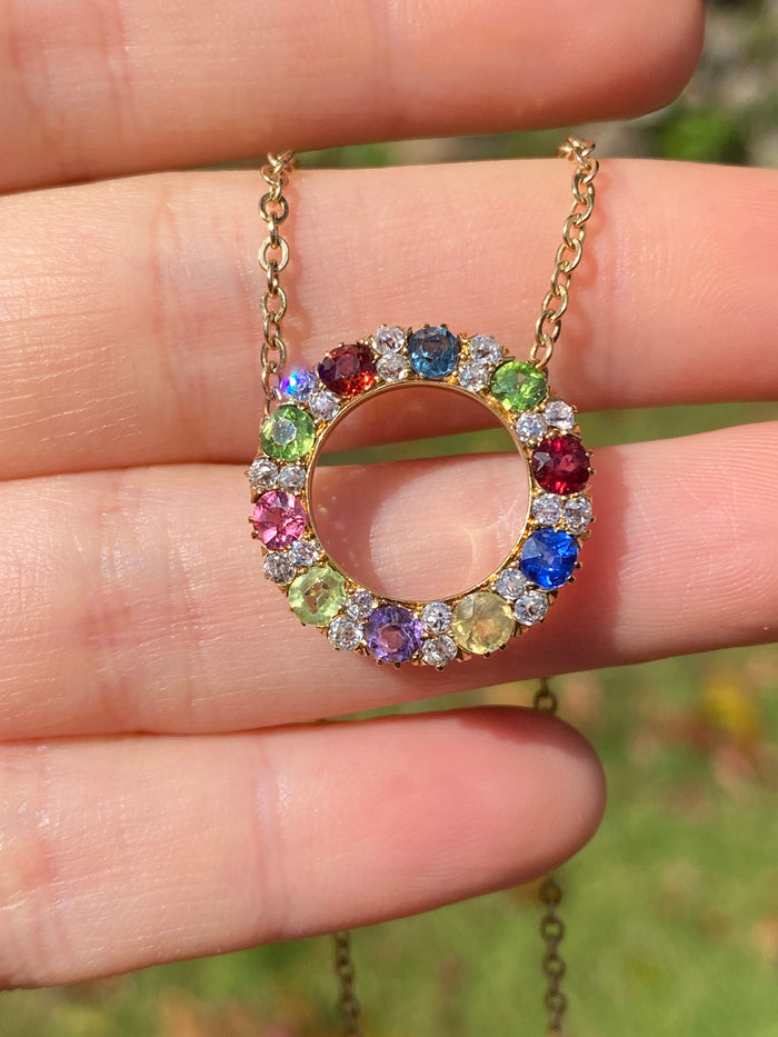 Victorian Harlequin 18K Gold Diamond, Sapphire, Peridot Circle Pendant, Antique Rainbow Necklace