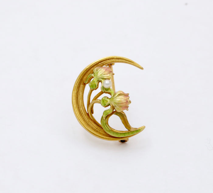 Art Nouveau Krementz 14K Gold and Enamel Crescent and Lotus Flower Pin